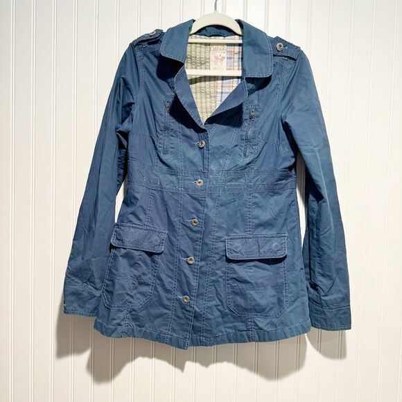 Vintage Free People Blue Cotton Jacket Plaid Lining Size 8 - Picture 1 of 8